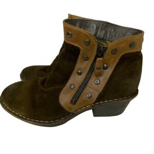 Fly London Duke brown suede ankle boots studs zip 1.5" block heel Western wom 11